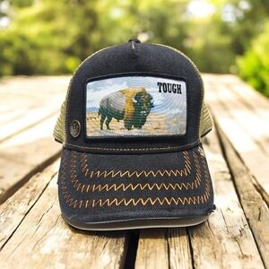 Goorin Bros. Tough Trucker Hat Black Tan Bison Buffalo Patch Adjustable Snapback